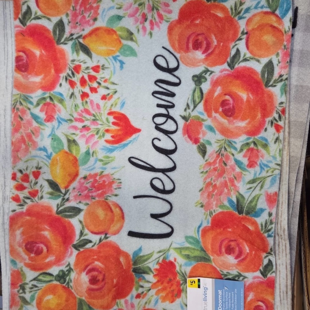 True Living Floral Welcome Doormat - Vibrant Orange & Pink Design